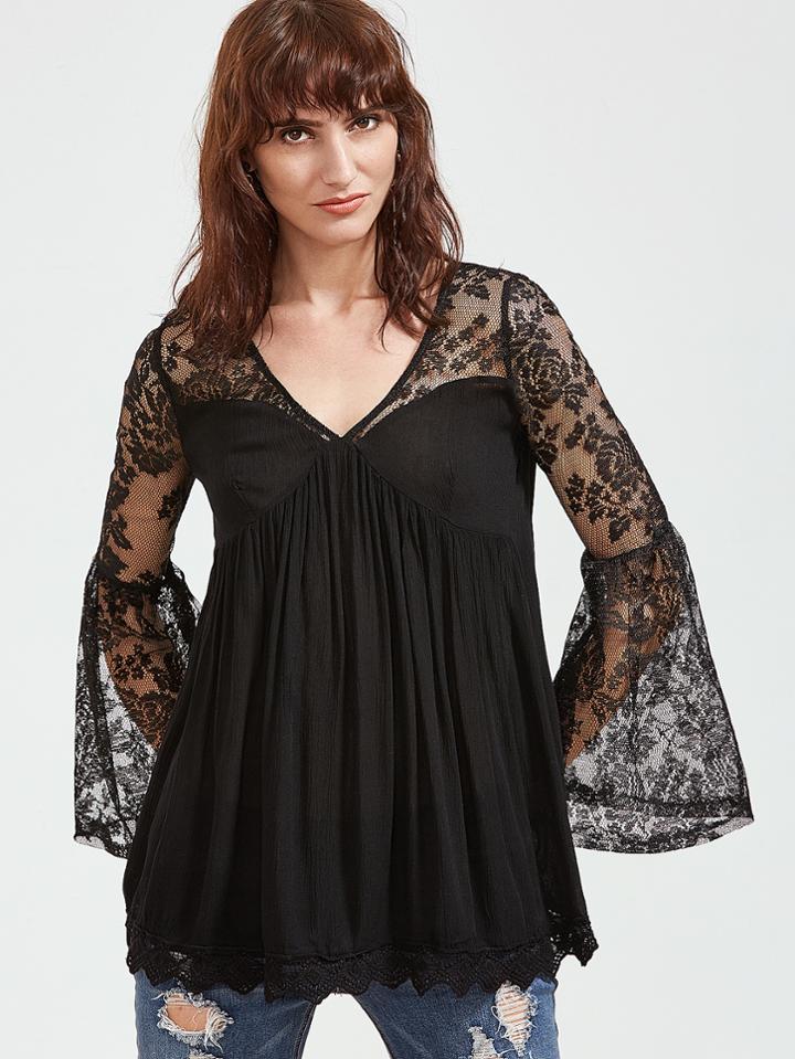 Romwe Black V Neck Bell Sleeve Contrast Lace Blouse