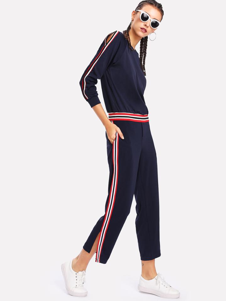 Romwe Striped Tape Detail Raglan Pullover With Pants