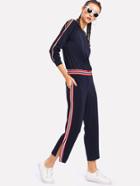 Romwe Striped Tape Detail Raglan Pullover With Pants
