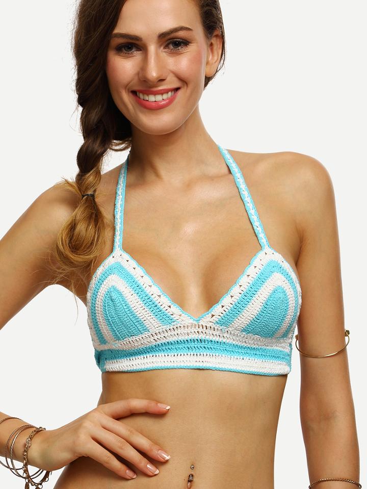 Romwe Contrast Hollow Out Crochet Bikini Top