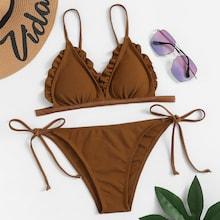 Romwe Frill Trim Ribbed Top With Tie Side Bikini