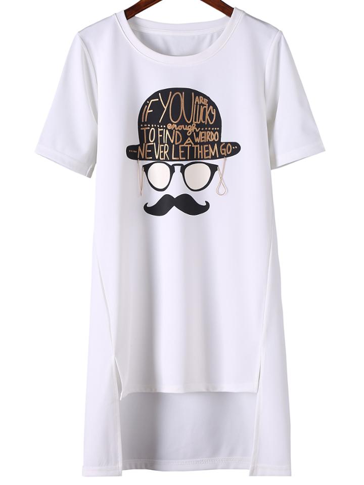 Romwe White Beard Letter Print Irregular Hem T-shirt