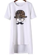 Romwe White Beard Letter Print Irregular Hem T-shirt