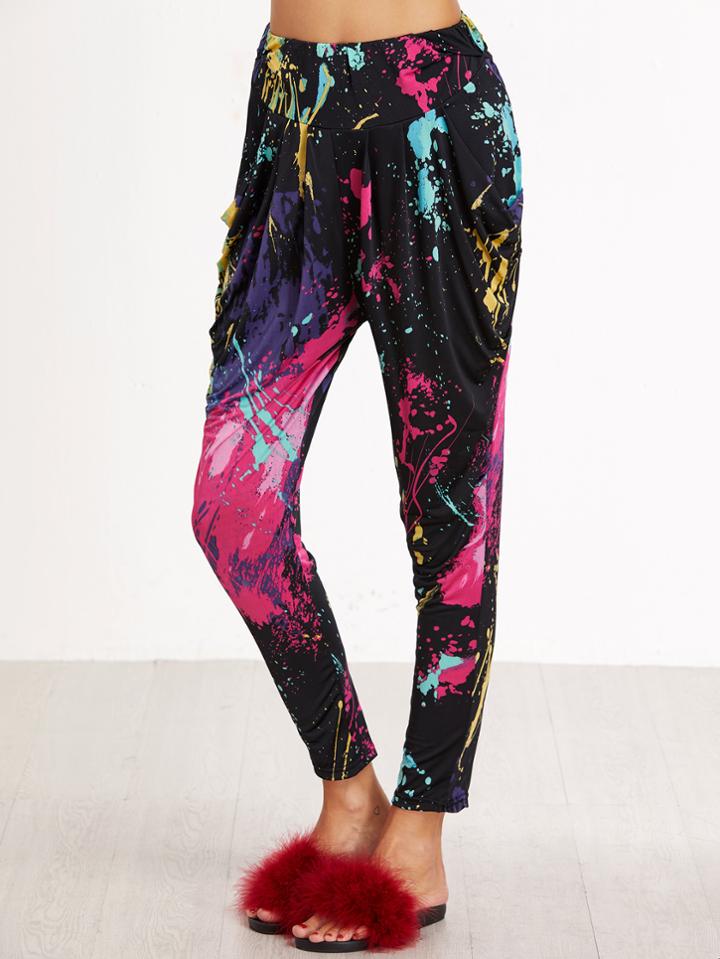 Romwe Black Paint Splatter Print Elastic Waist Harem Pants