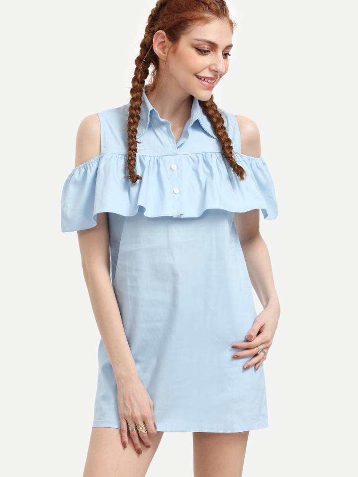 Romwe Blue Ruffled Open Shoulder Shirt Dress