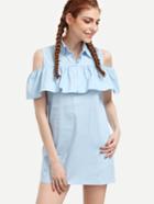 Romwe Blue Ruffled Open Shoulder Shirt Dress
