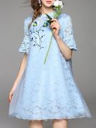 Romwe Blue Bell Sleeve Beading Organza Lace Dress