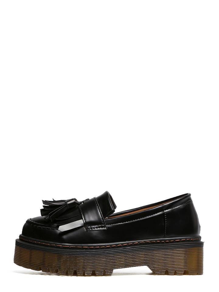 Romwe Black Vintage Round Toe Fringe Wedges