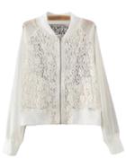 Romwe White Pockets Zipper Front Chiffon Splicing Lace Jacket