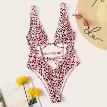 Romwe Leopard U Back Self Tie One Piece Swimsuit