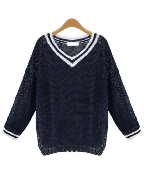 Romwe Striped V Neck Navy Sweater