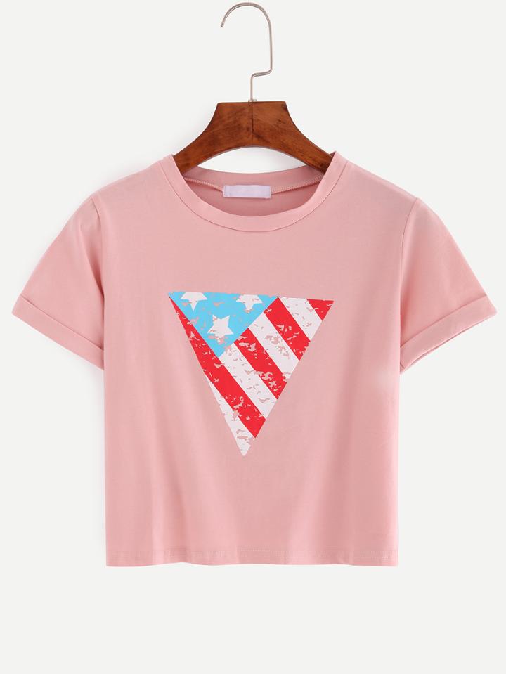 Romwe Star And Stripes Triangle Print Crop T-shirt - Pink