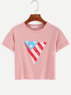 Romwe Star And Stripes Triangle Print Crop T-shirt - Pink