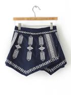 Romwe Navy Elastic Waist Tribal Embroidery Culottes