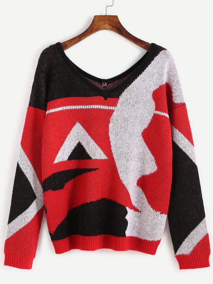 Romwe Color Block Abstract Pattern Double V Neck Sweater