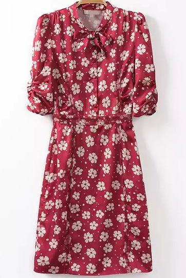 Romwe Red Bow Collar Daisy Print Slim Dress