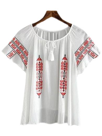 Romwe White Short Sleeve Tie Neck Tassel Embroidery Blouse