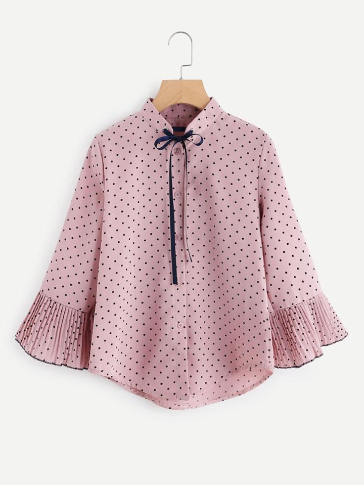 Romwe Fluted Sleeve Polka Dot Tie Neck Top