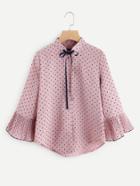 Romwe Fluted Sleeve Polka Dot Tie Neck Top