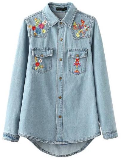Romwe Blue Embroidery High Low Button Denim Blouse