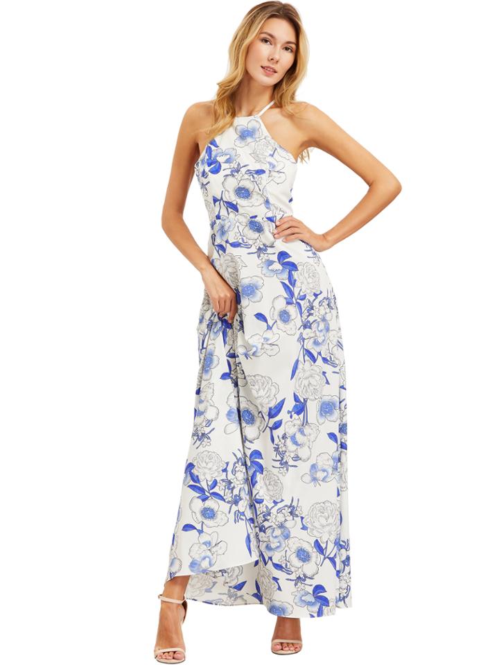 Romwe White Halter Neck Floral Print Maxi Dress