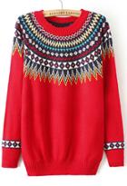 Romwe Tribal Print Knit Red Sweater