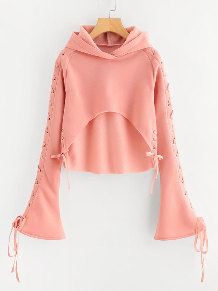 Romwe Lace Up Dip Hem Hoodie