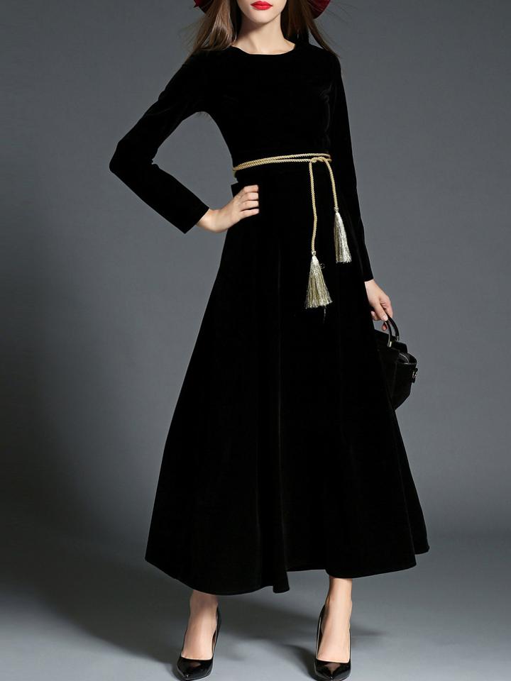 Romwe Black Tie-waist Velvet Maxi Dress