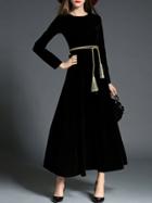 Romwe Black Tie-waist Velvet Maxi Dress
