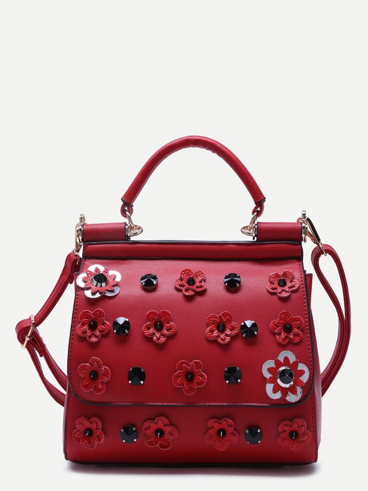 Romwe Burgundy Flower And Rhinestone Embellished Pu Handbag With Strap