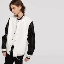 Romwe Guys Two Tone Faux Leather Baseball Jacket