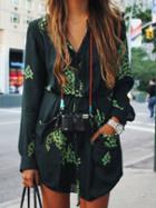 Romwe Dark Green Challis Long Sleeve Designers Floral Pockets Dress