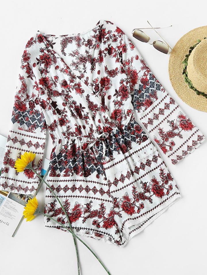 Romwe Floral Print Random Wrap Front Drawstring Romper