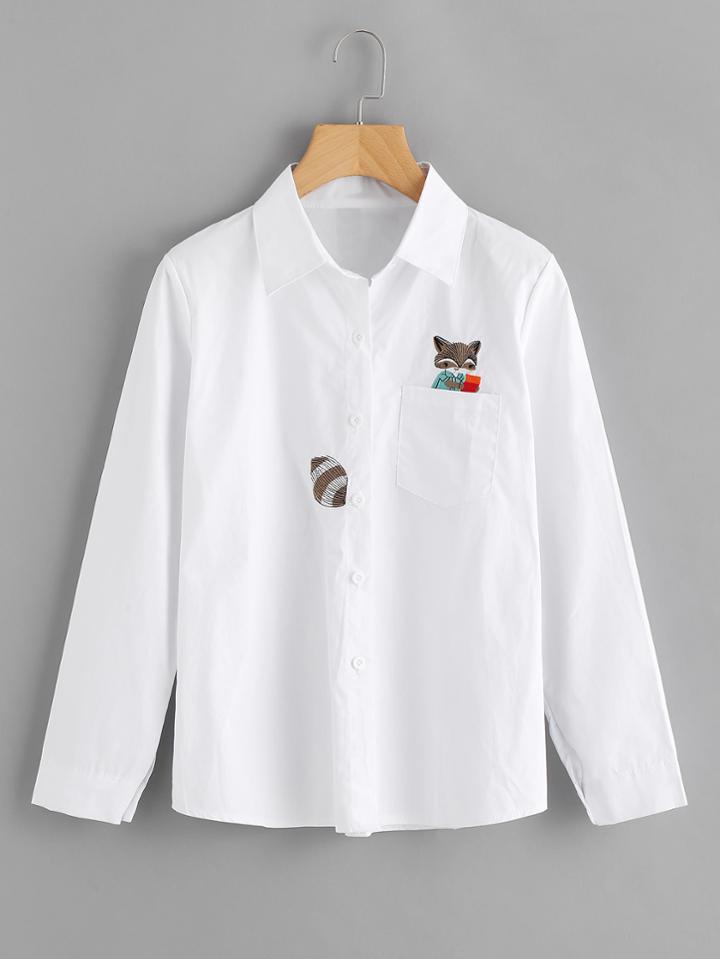Romwe Fox Embroidered Chest Pocket Shirt