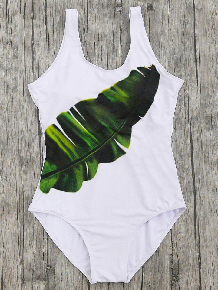 Romwe Leaf Print Scoop Neck One Piece Beachwear