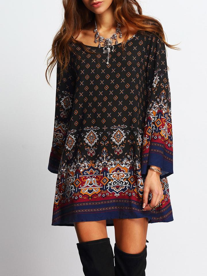 Romwe Scoop Neck Bell Sleeve Vintage Print Shift Dress