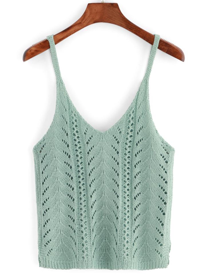 Romwe Deep V Neck Eyelet Green Tank Top