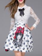 Romwe White Lapel Tie Long Sleeve Different Typical Bowtie Collared Contrast Lace Dress