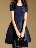 Romwe Navy Knit Embroidered A-line Dress