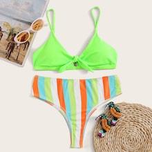 Romwe Neon Green Tie Front Top With Striped Bikini Set