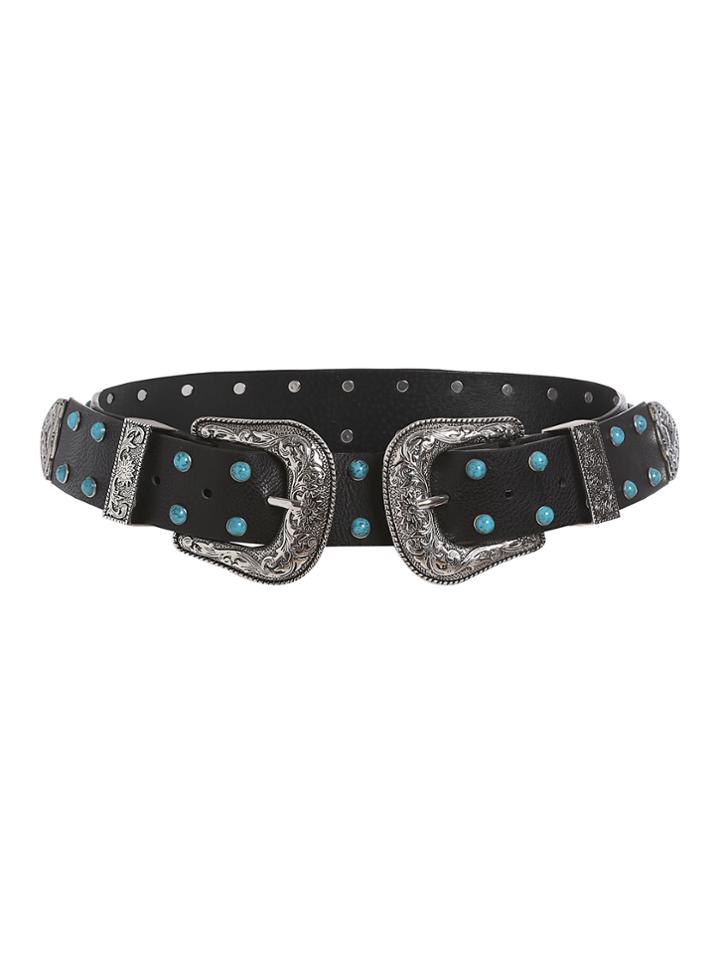 Romwe Turquoise Decorated Double Buckle Pu Belt