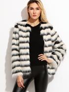 Romwe Black And White Striped Faux Fur Coat