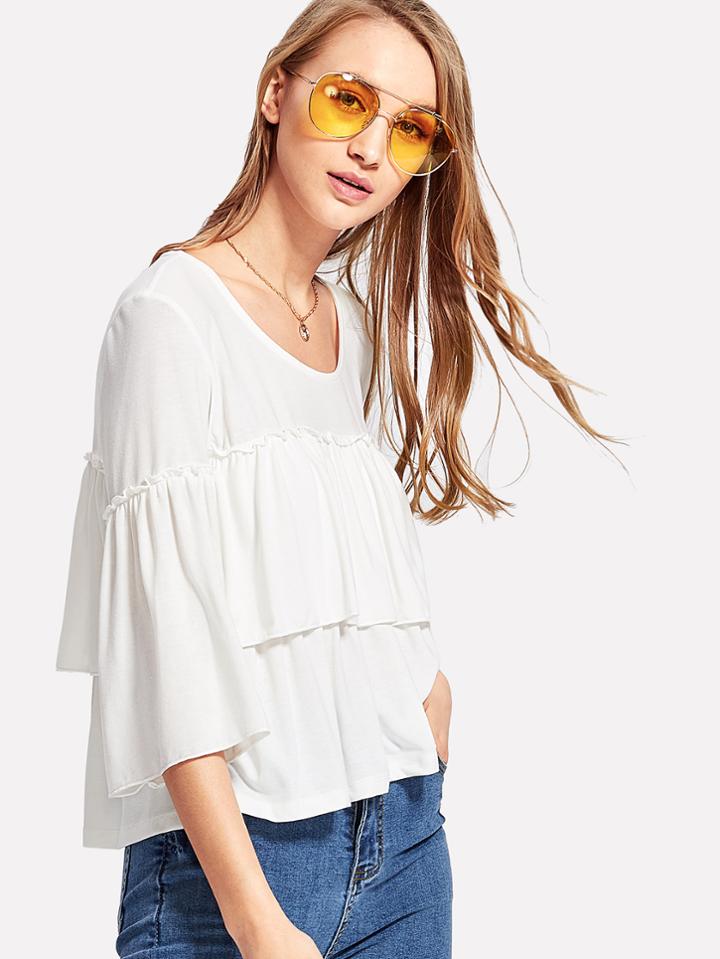 Romwe Flounce Sleeve Layered Top