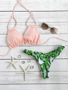 Romwe Pink Leaf Print Halter Mix & Match Bikini Set