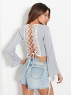 Romwe Contrast Crochet Lace Up Back Marled Tee