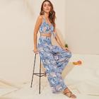 Romwe Knot Front Shirred Tropical Crop Top & Palazzo Pants Set