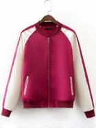 Romwe Rose Red Letters Embroidery Zipper Pocket Jacket