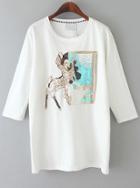 Romwe With Sequined Deer Pattern Loose White Sweatshirt