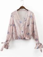 Romwe Light Pink Floral Print Wrap Blouse With Bow Tie