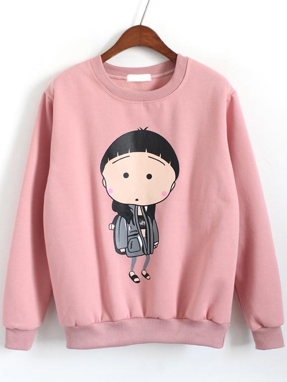 Romwe Cartton Print Pink Sweatshirt